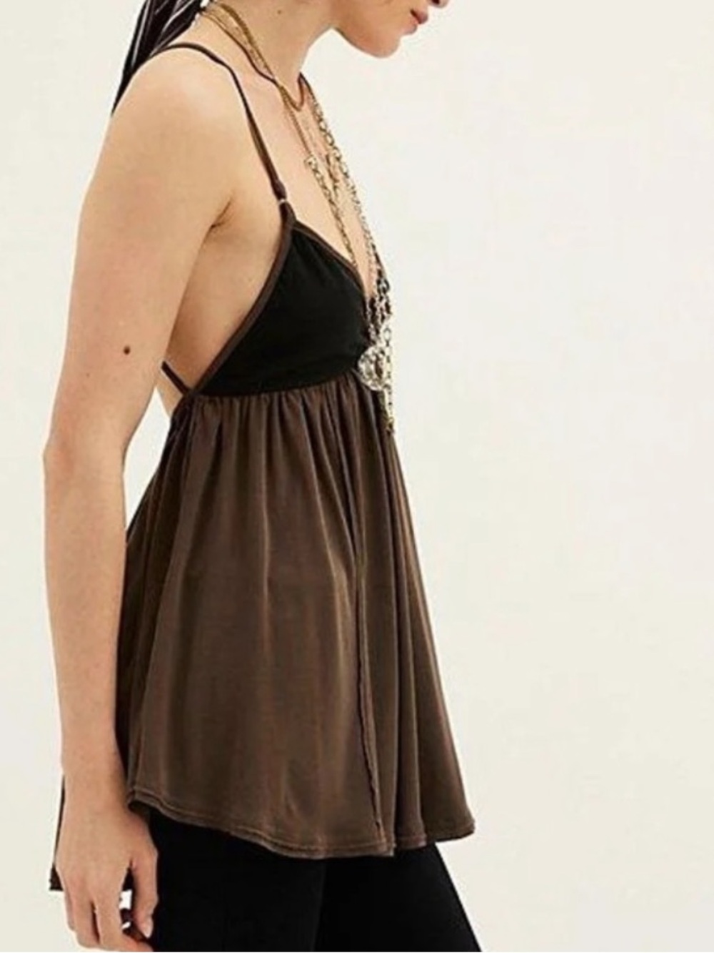 FREE PEOPLE TRIXIE STRAPPY TUNIC TOP BROWN BLACK LG - Picture 3 of 8